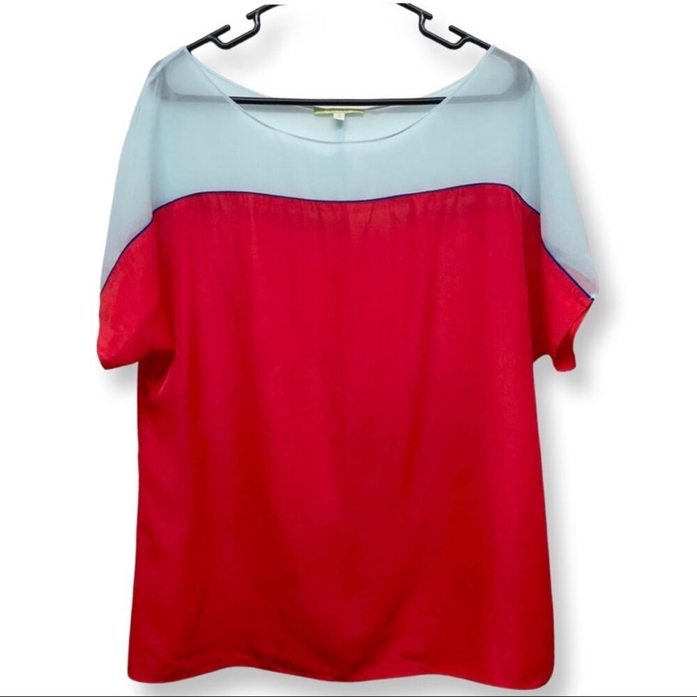 Gianni Bini Color Block Top Blouse Red Light Blue Short Sleeve